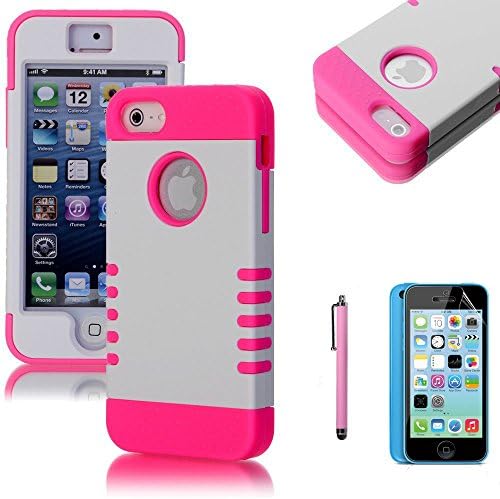 UCASE Deluxe 3-Piece Hybrid High Impact Soft Silicone + Hard PC Armor Defender Case Cover for Apple iPhone 5C 5 5S with Screen Protector & Stylus (White+Pink)