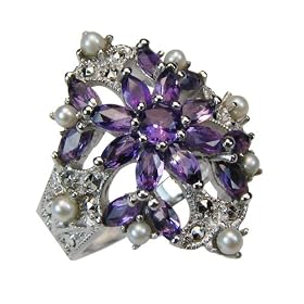 Amethyst Angel Bloom Silver Natural Seed Pearl Ring - by Dahlia Vintage... by Dahlia
