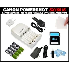 Replacement Home/Travel Charger with European Adapter (Includes 4 Batteries) + (Bonus Cleaning Kit & 8GB SD Card) for Canon Powershot SX160 IS Digital Camera