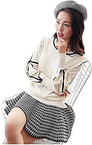 ツーピース トレーナー セットアップ ミニスカート フレアー ラウンドネック 千鳥格子 モノトーン 白黒 キュート カジュアル パーティ ２次会 レディース 秋物 冬物 可愛いスカーフ付き R319