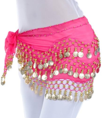 Rose Red Belly Dance Hip Skirt Scarf with 3 Rows Gold Coins