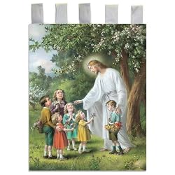 Church Banner - Jesus with Children - Cotton Canvas with Archival Inks and UV Coating - Border Rings for Rod Hanging. Print Size 24"x36"