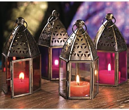 NEW MOROCCAN MINI IRON &amp; GLASS LANTERN (TEA LIGHT HOLDER) NON PATTERNED (Purple) by Giverny Gifts