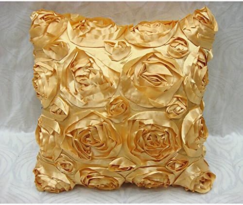 Peneric High Quality Satin Rose Flower Bed Sofa Square Pillow Cushion Pillowcase Case Cover Rose Flowers 16.5''x15.5'' Decorative (Gold)