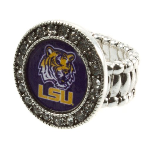 Silver toned stretch band ring with crystal rhinestones surrounding the LSU logo, Louisiana State University