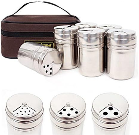 Stainless Steel Spice Jars / Bottles / Containers (6P) + bag Camping tableware Outdoor Cookware Camping Equipment with Portable Pouch for Easy Carry Great for Home or Outdoor Use