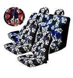 9pc Blue Hawaiian Hibiscus Seat Covers Combo Front High Back Seat Covers Bench Rear Cover Steering Wheel Cover and a Set of Shoulder Pads