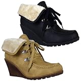 B8 Womens Ladies Black Low Mid Heel Wedges Fur Aviator Collar Office Work Casual Ankle Boots Shoes Size 8