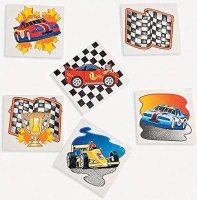Fun Express Kid's Race Car Party Favor Bundle (72 Tattoos, 12 Sticker Sheets, and 12 Checkered Racing Flags)