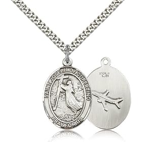 .925 Sterling Silver St. Saint Joseph Of Cupertino Medal Pendant 1 x 3/4" Inches 7057SS--Comes With a 24" Inch SG Heavy Curb Chain Stainless Silver Heavy Curb Chain In A Grey Velvet Gift Box Patron Saint of Pilots/Airforce