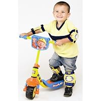 Bob the builder childrens scooter with smiling boy standing on scooter