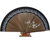 Handmade hand fan, handheld, bamboo and black silk, pocket size.