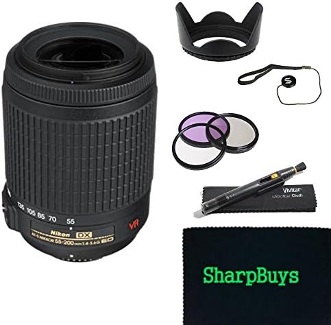 Nikon AF-S DX VR Zoom-Nikkor 55-200mm f/4-5.6G IF-ED Lens for Nikon D90 SLR Camera + Deluxe SharpBuys Bundle. Nikon AF-S DX VR Zoom-Nikkor 55-200mm f/4-5.6G IF-ED Lens + 3 piece professional multi coated filter kit + Tulip lens hood +Cap keeper + Lens pen and microfiber cleaning cloth