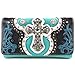 Justin West Concealed Carry Laser Cut Square Concho Embellishment Cross Studded Antique Embroidery Handbag/Wallet/Messenger Purse (Turquoise Wallet Only)