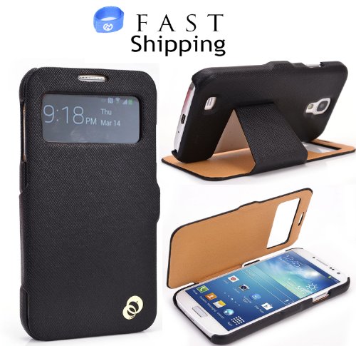 Metallic Black S-View Endevour Wrap Flip Cover with Built-in Stand for Samsung Galaxy S4 i9500 (AT&T US Cellular Sprint T-Mobile Verizon) Screen Protector Guard Included + EnvyDeal Velcro Cable Tie // Multiple Colors Available!!