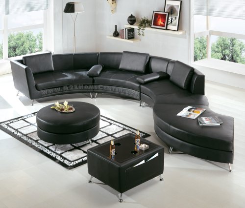 Contemporary Furniture Black Leather Curved Sectional Sofa with Ottoman and Mini Bar-Table Set