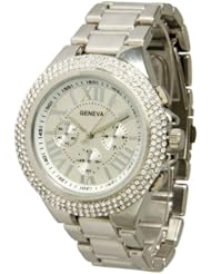 Womens Geneva Tri-Stone Roman Numeral Style Link Watch - Silver