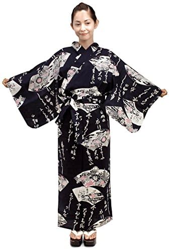 Kimono Japan Women's Easy Yukata Robe Waka and Fan Navy S Size