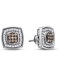 14K White Gold Round Brilliant Cut Chocolate Brown and White Diamond - Square Princess Shape Halo Channel Set Studs Earrings with Secure Screw Back Closure - (1/2 cttw.)