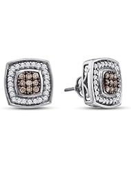 14K White Gold Round Brilliant Cut Chocolate Brown and White Diamond - Square Princess Shape Halo Channel Set Studs Earrings with Secure Screw Back Closure - (1/2 cttw.)
