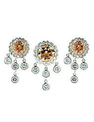 Sterling Silver Round Champagne Cubic Zirconia with 4 Cubic Zirconia Bezel Earrings and Pendant Set 16 inches Chain