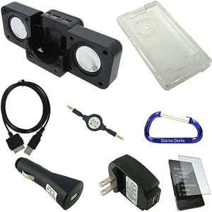 Combo Pack for the Microsoft Zune HD MP3 Player: Crystal Clear Snap-On Case, Foldable Cube Speaker Dock, USB Data Sync Charging Cable, USB Car Charger, USB Wall Travel/Home Charger, 3.5mm Auxiliary Stereo Retractable Cable, Screen Protector, and Free Carabiner Key Chain