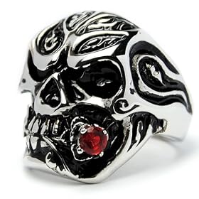 Stainless Steel Casted Skull Ring with Red Cubic Zirconia Size 9