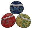 Round chinese embroidered brocade fabric zippered pouch - set of 3 assorted colors, small