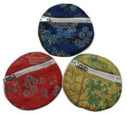 Round chinese embroidered brocade fabric zippered pouch - set of 3 assorted colors, small