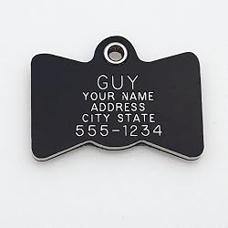Pet ID Tag - Bow Tie - Custom engraved cat and dog ID tags. Pet safety tag has reflective coating and is available in plastic, stainless steel and brass.