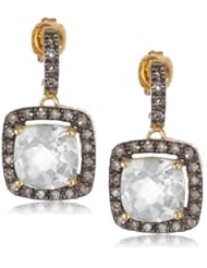 Sterling Silver with Yellow Gold Plated Green Amethyst and Champagne Diamond Cushion Dangle Earrings