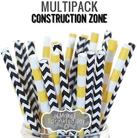 Designer Durable Disposable Drinking Paper Straws (25) - Construction Zone