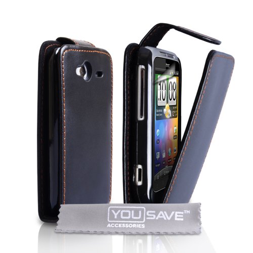 HTC Wildfire S Leather Flip Case Black + Screen Protector