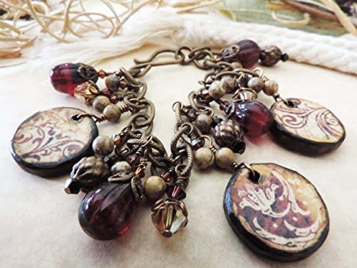 Vintage Ruby GlassTeardrop, Tan Swarovski Crystal, Jasper, Wood decoupaged ART Tile Charm Bracelet