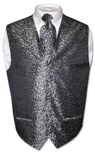 Beat Deal Antonio Ricci Men's Black Paisley Design Dress Vest NeckTie Set for Suit or Tuxedo
