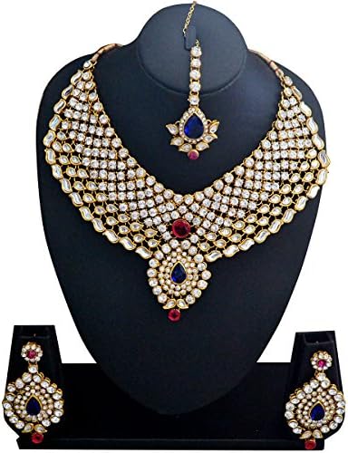 Bollywood Designer Ethinic Indian Premium Stone Bridal Necklace Set- Magenta Blue