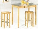 3pc Natural Finish Wood Kitchen Bar Table & 2 Stools Set w/Stainless Steel Top