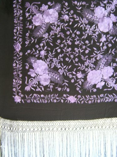 Silk Embroidery Piano Shawl: Black with Purple Flamenco Floral 63