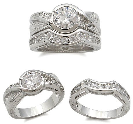 BEZEL SETTING CZ ENGAGEMENT & WEDDING RING SET