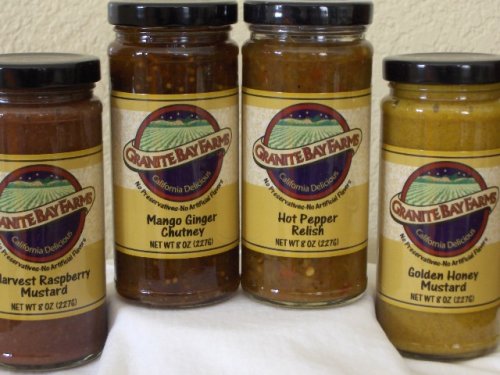Hot Pepper Relish, Mango Ginger Chutney, Golden Honey and Harvest Raspberry Mustard, 4 Jar... by Granite Bay Farms Specialty Foods