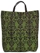 Cotton Canvas Arabesque Olive Green and Black Tote Bag with Leather Handles 17"Lx17"H