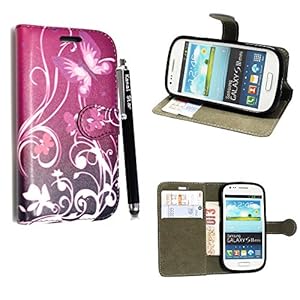 SAMSUNG GALAXY S3 III MINI i8190 ULTRA BUTTERFLY PURPLE BOOK FLIP CARD POCKET HOLDER PU LEATHER MAGNETIC FLIP CASE COVER POUCH + FREE STYLUS