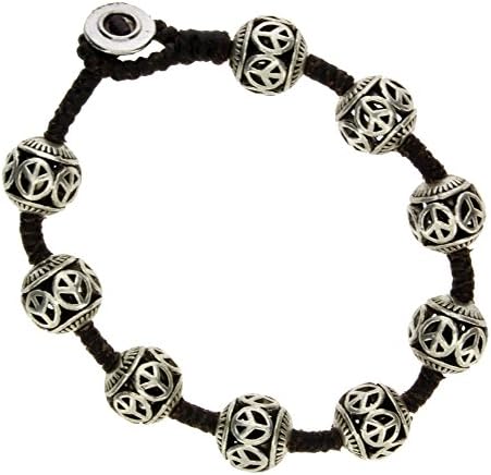 Peace Design Round Ball Silver Beaded Alloy Bracelet Waxed Linen Wristband Bali Jewelry