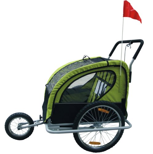KMS Child 3 In 1 Folded Bike Trailer Stroller Jogger Seat Buggy Lightweight Black Green 1-2 Child 5 Point Harness With Canopy Visible Flag
