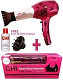 Chi Limited Edition Pink lace Ionic Infrared Hair Dryer & Iron Combination combo Pro Salon Professional Special Edition Purple Ceramic + Diffuser Free 6 oz Chi Silk Infusion Quiet Speed Motor Removable Air Vent and faster ions.