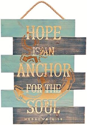 SOLD OUT ~ Pier 1 Rustic Wood Plank 20" X 16" Coastal Navy Turquoise &amp; Gold "Hope Anchors The Soul" Painted Weathered Wall Art Plaque (Hebrews 6:19)