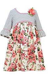 Girls Bubble Dress Empire   Waistline Round Neck Knit Bell Sleeves Striped Print Floral Print  Dress