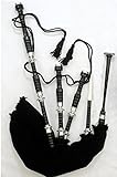 Scottish Highland Bagpipes Made Of Rose Wood Colored Black, Full Nickel Silver Mounts with Black Cord and Tartan.