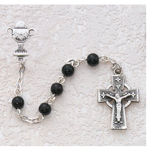 Sterling Silver 5mm Black Celtic Communion Rosary Religious Prayer Necklace Jewelry Pendant Catholic