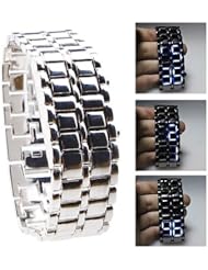 Silvery Metal Strip Digital Lava Style Iron Sport Womens Blue LED Faceless Wrist Watch #00194838